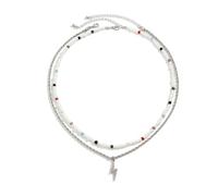 Mens Necklace Pendant, Alloy Silver Necklace Double Layer Bead Chain with Cubic Zirconia Lightning for Men