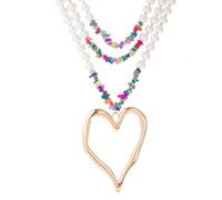 men's necklaces,Exaggerated Multi-layer Imitation Pearl Large Peach Heart Pendant Necklace Women Bohemian Colored Stone Choker Neck
