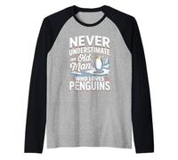 Mens Never Underestimate an Old Man Who Loves Penguins Raglan Baseball Tee