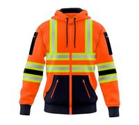 Mens New Hi Vis Safety Work Yellow Orange Multi Zipped Pockets Pullover Hoodie High Viz Reflective Tape Hoodie High Visibility Sweatshirt Top S/2XL
