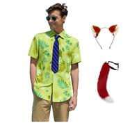 Mens Nick Wilde Costume Shirt Tie Plush Ear Tail Hawaiian Printed T-Shirt Halloween Party Fox Outfit, Green, Medium