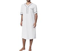 Men's Nightdress Short Sleeve Night Shirts Cotton Button Down Sleep Shirt Men's Sleepwear Comfortable Big V-Neck Pyjamas Short Sleeve Soft Loose Sleep Shirt, A white, XXL