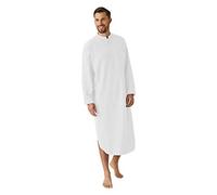 Mens Nightshirt Long Sleeve UK Big and Tall Loose Fit Collarless Button Down Pockets Crew Neck Lightweight Thobe Oversized Summer Fashion Robe White