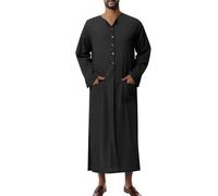 Men's Nightshirt Nightgown Button Down Nightgown Casual Side Split Comfy Big&Tall Long Sleeve Sleepwear(Black,4XL)