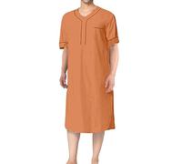 Men's Nightshirt Pajama Tops Short Sleeve Nightie for Men 2025 New Button Round Neck Sleep Shirt Loose Fit for Hospital Home Casual Knee Length Nightdress Nightwear Nightgown(Orange, XL)