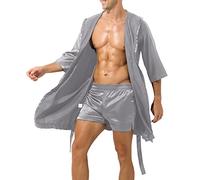 Mens Nightshirts Silk: Mens Solid Colour Bathrobe Dressing Gown Soft Long Bath Robe Thin Section Sexy Short-Sleeved Simple Loose Bathrobe for Men Large Size Lace-Up Pajamas Hotel Holiday Robe Grey