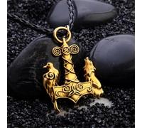 Mens Nordic Viking Mjolnir Wolf Crow Pendant Chain Myth Thor's Hammer Necklace-gold