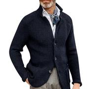 Mens Notch Collar Sweater Blazer British Men'S Blazers Elegant Stand Collar Jacket Wool Shawl Jackets Warm V Neck Blazer Pockets Knit Blazers Chunky Vintage Suit Jacket Slim Fit Sport Coat