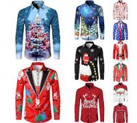 Mens Novelty Christmas Shirts Graphic 3D Print Funky Xmas Long Sleeve Shirts Male Casual Slim Fit Style Shirts Activewear Y2K Ugly Clothes Holiday Tops UK Xmas Party Theme Dress Shirt Xmas Gift