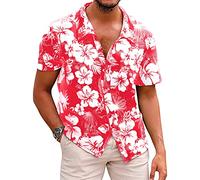 Men's Novelty Hawaiian Floral Shirt Summer Casual Button Down Tropical Holiday Beach Shirts, Red, Medium