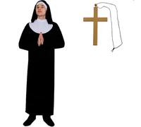 Mens Nun Costume - Large - Black and White Robe, Matching Headpiece, Belt and Gold Cross Necklace - Adults Funny Stag Do Religious Halloween Fancy Dress Costume