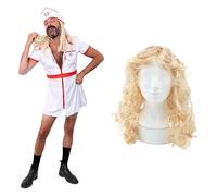 Mens Nurse Costume - White & Red Nurse Dress, Nursing Hat, Long Blonde Wig, Bachelor Party Halloween Funny Fancy Dress Costume