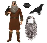Men's Odin Costume 5 Piece Set - Includes Tunic, Eye Patch, Crow, Wig and Beard - Viking God Norse Mythology Outfit for Halloween, Cosplay, LARP and Fancy Dress - Large