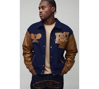 Men's OFCL MAN Tennis Applique Melton Varsity Bomber Jacket | Navy | Size Medium | BOOHOOMAN