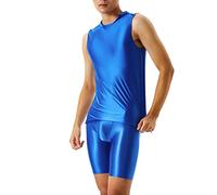 Men's oil shine short + top sexy silky transparent trousers + vest men shiny suit bodybuilding suit short sleeve with leg compression underwear, A2 Blue, XL