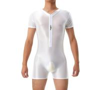 Men's Oil Shiny Bodysuit, Short Sleeve Zip Front Wrestling Singlets, High Elastic One Piece Seamless Workout Leotard, Solid Tight Fit Unitard Casual Playsuits for Loungewear Festival Rave Nightwear