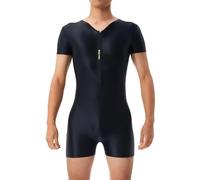 Men's Oil Shiny Bodysuit, Short Sleeve Zip Front Wrestling Singlets, High Elastic One Piece Seamless Workout Leotard, Solid Tight Fit Unitard Casual Playsuits for Loungewear Festival Rave Nightwear