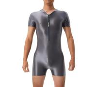 Men's Oil Shiny Bodysuit, Short Sleeve Zip Front Wrestling Singlets, High Elastic One Piece Seamless Workout Leotard, Solid Tight Fit Unitard Casual Playsuits for Loungewear Festival Rave Nightwear