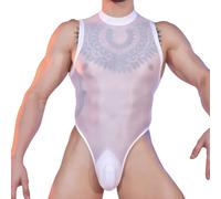 Men's Oil Shiny Bodysuit Sleeveless High Cut One-Piece Mock Neck Stretchy | Glossy Sheer Mesh One Piece Thong Jumpsuit, Solid Slim Sports Wrestling Singlet Leotard Undershirt for Party Couples Night