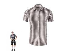 Men's Oktoberfest Costume Authentic Bavarian Short Sleeve Checked Shirt in Traditional Plaid Design Slim Fit Check Shirts with Pocket and Turned Collar for German Beer Festivals Events Coffee