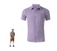 Men's Oktoberfest Costume Authentic Bavarian Short Sleeve Checked Shirt in Traditional Plaid Design Slim Fit Check Shirts with Pocket and Turned Collar for German Beer Festivals Events Purple