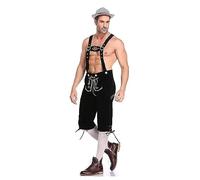 Men's Oktoberfest Traditional Leather Lederhosen Short Trouser with Matching Suspenders,Austrian Men Carnival Outfits Mens Bavarian Costume Blue Fancy Dress Hat Black Faux Shorts (C-Black,L)