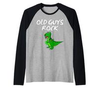 Mens Old Guys Rock, T-Rex Dinosaur Electric Guitar Guitarist Raglan Baseball Tee