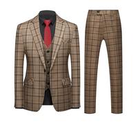 Mens One Button Slim Fit Three Piece Checked Suit Blazer+Waistcoat+Pants