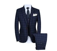 Mens One Button Slim Fit Three Piece Checked Suit Blazer+Waistcoat+Pants UK Size 34 (Label XL) Blue