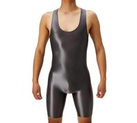 Men's One-Piece Wrestling Singlet, Glossy Sleeveless U Neck Athletic Bodysuits, Elastic Seamless Sheer Gay Bodybuilding Jumpsuits, Solid Tight Fit Casual Playsuits for Training Yoga Gym Workout