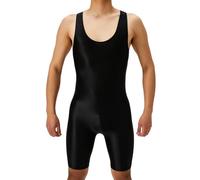 Men's One-Piece Wrestling Singlet, Glossy Sleeveless U Neck Athletic Bodysuits, Elastic Seamless Sheer Gay Bodybuilding Jumpsuits, Solid Tight Fit Casual Playsuits for Training Yoga Gym Workout