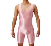 Men's One-Piece Wrestling Singlet, Glossy Sleeveless U Neck Athletic Bodysuits, Elastic Seamless Sheer Gay Bodybuilding Jumpsuits, Solid Tight Fit Casual Playsuits for Training Yoga Gym Workout