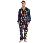 Mens Onesie Adult Christmas Hooded Jumpsuit Funny Print All in One Pajamas Zipped Long Sleeved Warm Sleepsuits Loose Loungewear Nightwear Onesie Costume Adult Navy