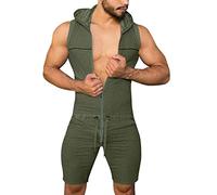 Men's Onesie Breathable Hooded Jumpsuit Full Zipper Sleeveless Hoodie Overall Rompers Drawstring Elastic Waist Shorts Casual Solid Color One Piece Fitness Sweatsuit