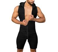 Men's Onesie Breathable Hooded Jumpsuit Full Zipper Sleeveless Hoodie Overall Rompers Drawstring Elastic Waist Shorts Casual Solid Color One Piece Fitness Sweatsuit