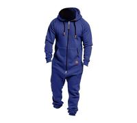 Mens Onesie Hooded Jumpsuit Oversized Zip Up Overall Rompers Casual Solid Color One Piece Jogger Sweatsuit Sleepwear (Color : Blue, Size : L)