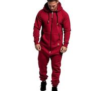 Mens Onesie Hooded Jumpsuit Oversized Zip Up Overall Rompers Casual Solid Color One Piece Jogger Sweatsuit Sleepwear (Color : Red, Size : 5XL)