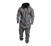 Mens Onesie Hooded Jumpsuit Oversized Zip Up Overall Rompers Casual Solid Color One Piece Jogger Sweatsuit Sleepwear (Color : Light Grey, Size : M)