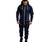 Mens Onesie Hooded Jumpsuit Oversized Zip Up Overall Rompers Casual Solid Color One Piece Jogger Sweatsuit Sleepwear (Color : Dark Blue, Size : M)