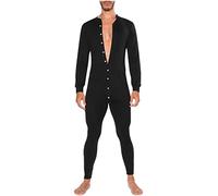 Mens Onesie,One Piece Long Sleeve Onesie Henley Jumpsuit Stretchy Cotton Sleepsuit Button Down Solid Color Slim Fit Nightwear Underwear Pajamas Bodysuit UK Size 10-16 Black