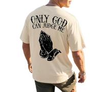 Men's Only God Can Judge Me Tattoo Necklace T-Shirt, Christian T Shirts, Oversized Drop Shoulder Graphic Top (Beige,XL)