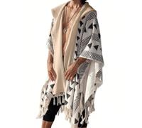 Men's Open Front Hooded Poncho Cape, Tribal Geometric Print Fringe Cloak