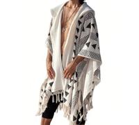 Men's Open Front Hooded Poncho Cape, Tribal Geometric Print Fringe Cloak