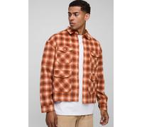Mens Orange Oversized Boxy Cargo Heavyweight Check Overshirt, Orange L