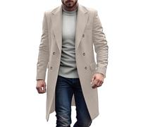 Mens Overcoat Solid Color Turndown Collar Long Trench Coat Smart Slim Fit Classic Business Casual Double Breasted Windbreaker Warm Pea Jackets with Pockets