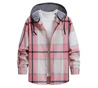 Mens Overshirts Long Sleeve - Long Sleeve Hooded Comfortable Fit Casual Plaid Shirt Long-Sleeve Button Down Shirt Funky Hoodies Curved Hem Personalised Shirts for Walking, Casual Outings Pink