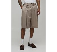 Men's Oversized Belted Pinstripe Long Line Short | Ecru | Size 28 | BOOHOOMAN