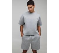 Men's Oversized Boxy Bonded Scuba T-Shirt & Relaxed Short Set | Grey Marl | Size Large | BOOHOOMAN