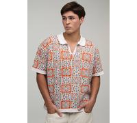 Men's Oversized Boxy Crochet Square Knitted Polo | Orange | Size Medium | BOOHOOMAN