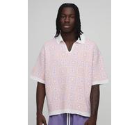 Men's Oversized Boxy Crochet Square Knitted Polo | Pink | Size Small | BOOHOOMAN